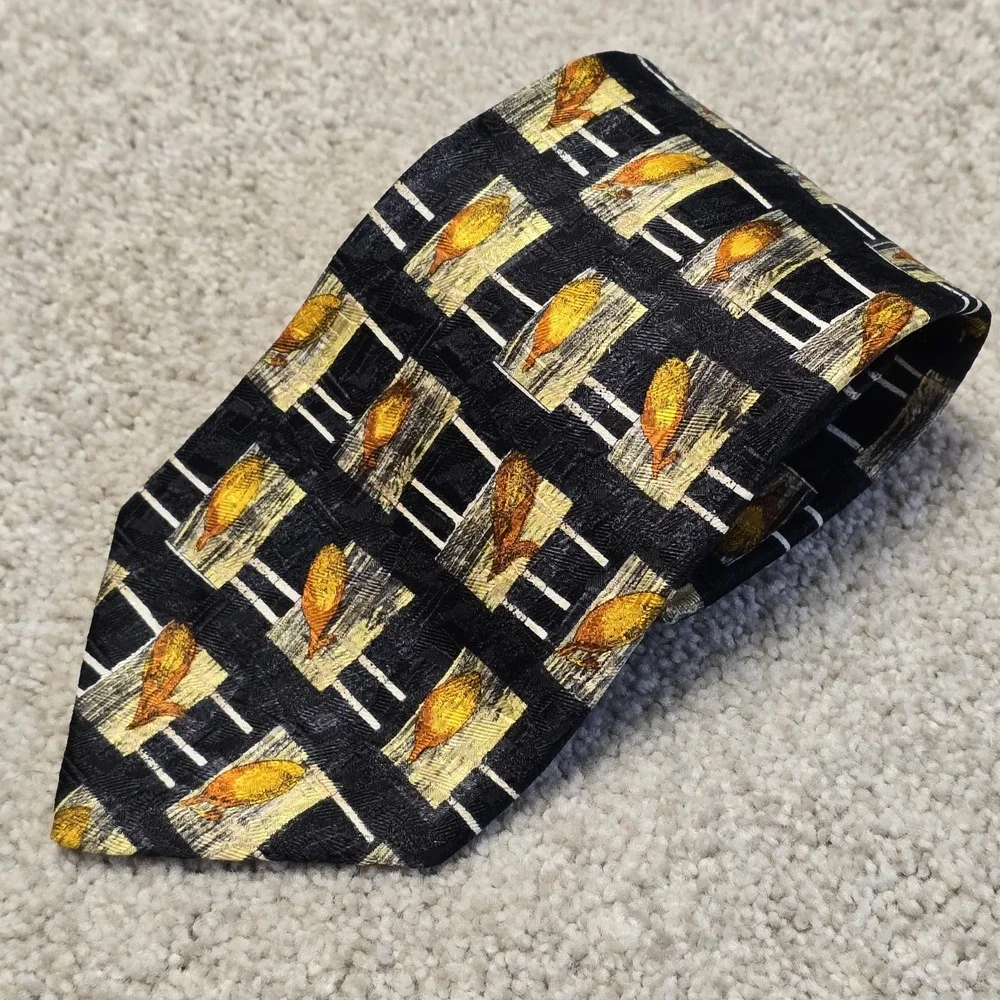 Ermenegildo Zegna 100% Silk Tie Black Gold Abstract Leaf Italy Luxury